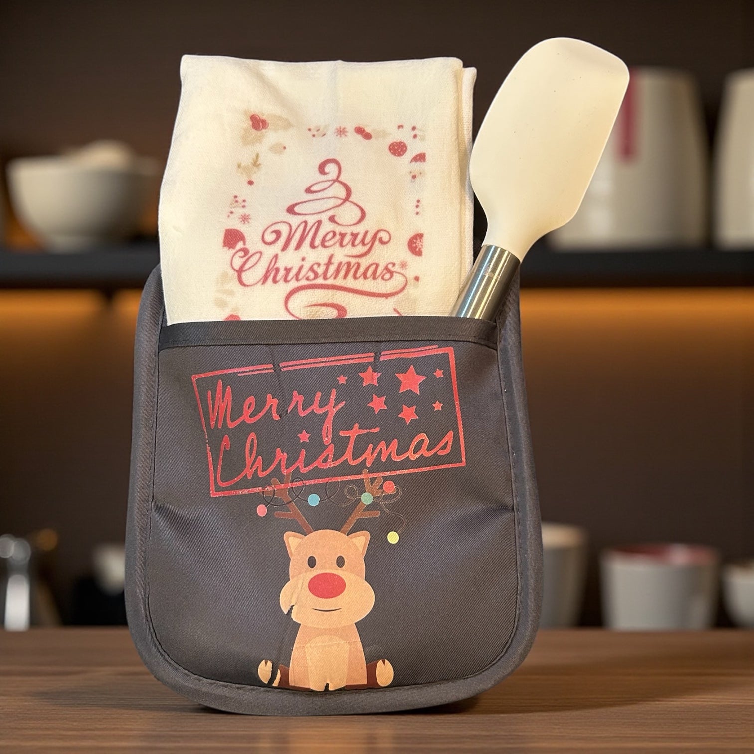 Christmas Oven Mitt Gift Set "Merry Christmas with Reindeer"