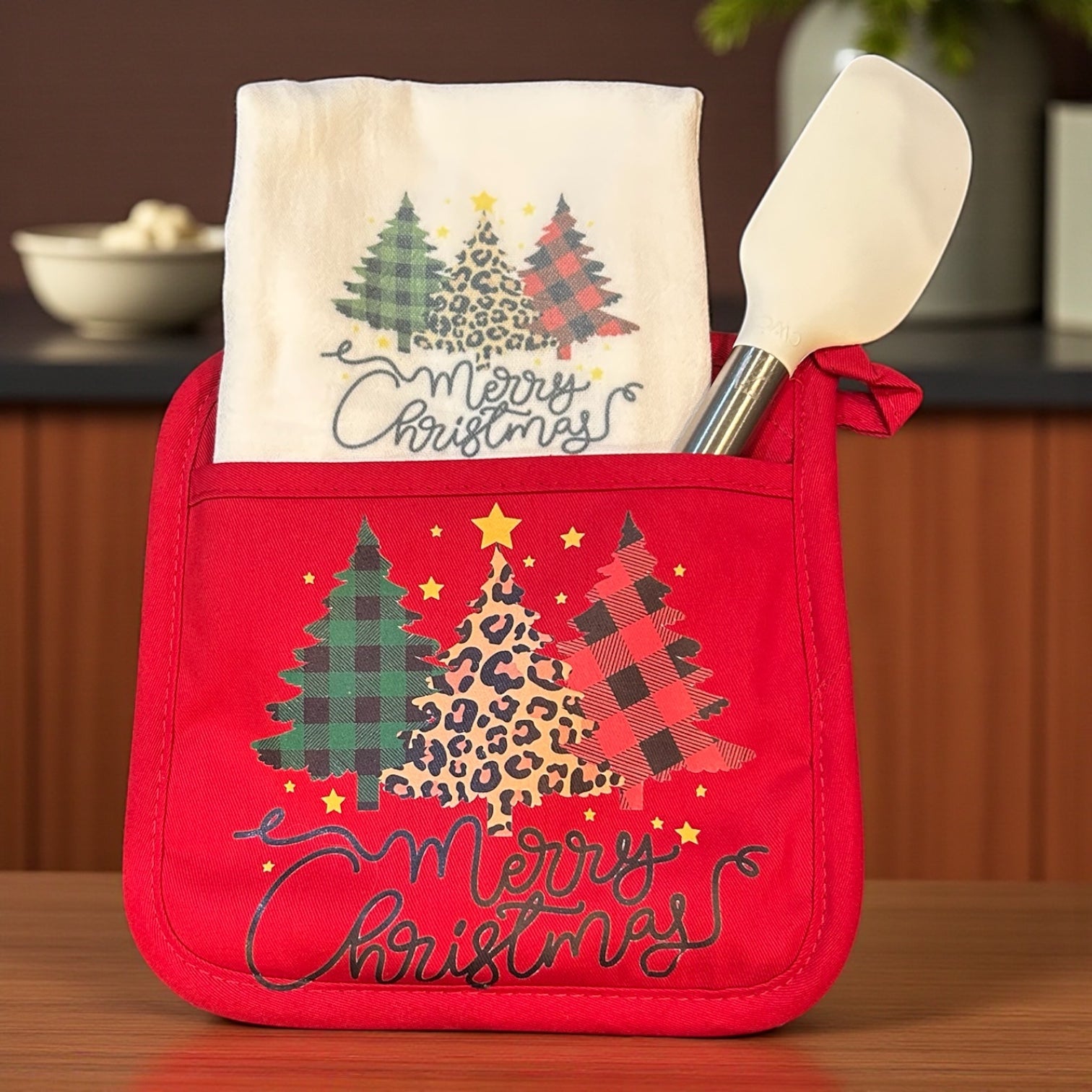 Christmas Oven Mitt Gift Set "Merry Christmas with 3 trees"