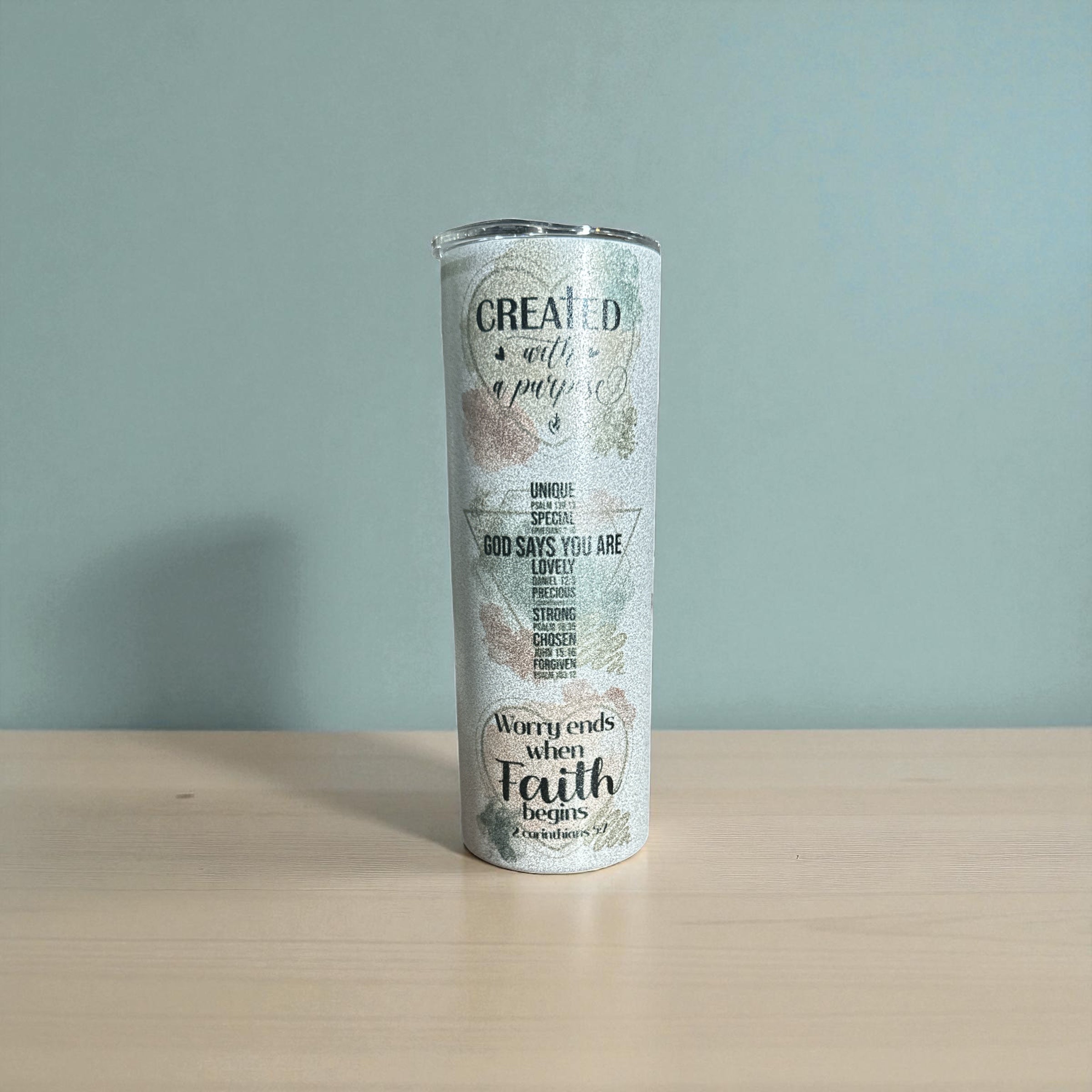 Christian Glitter Affirmations Tumbler – “Created for a Purpose”