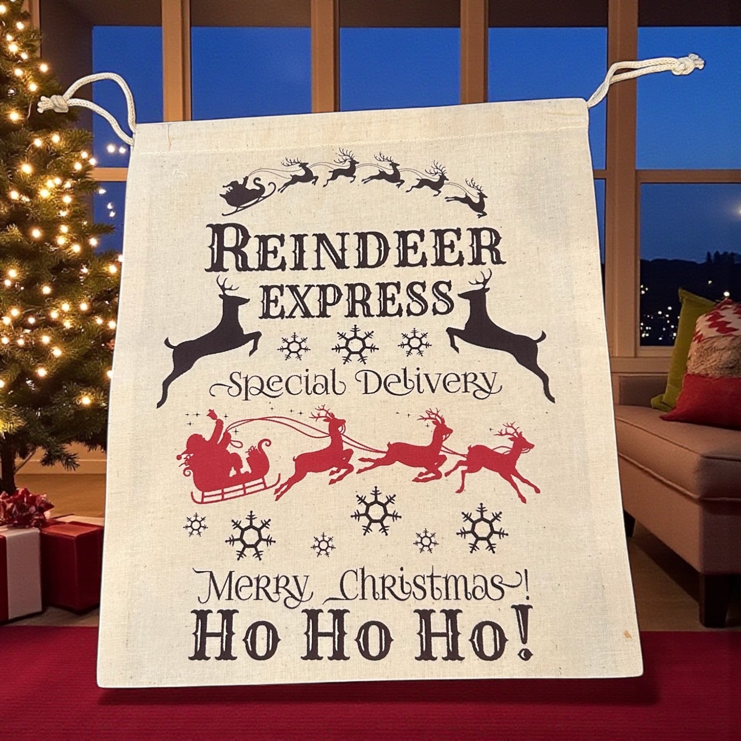 "Reindeer Express Ho Ho Ho" Santa Sack (10 x 12 in)