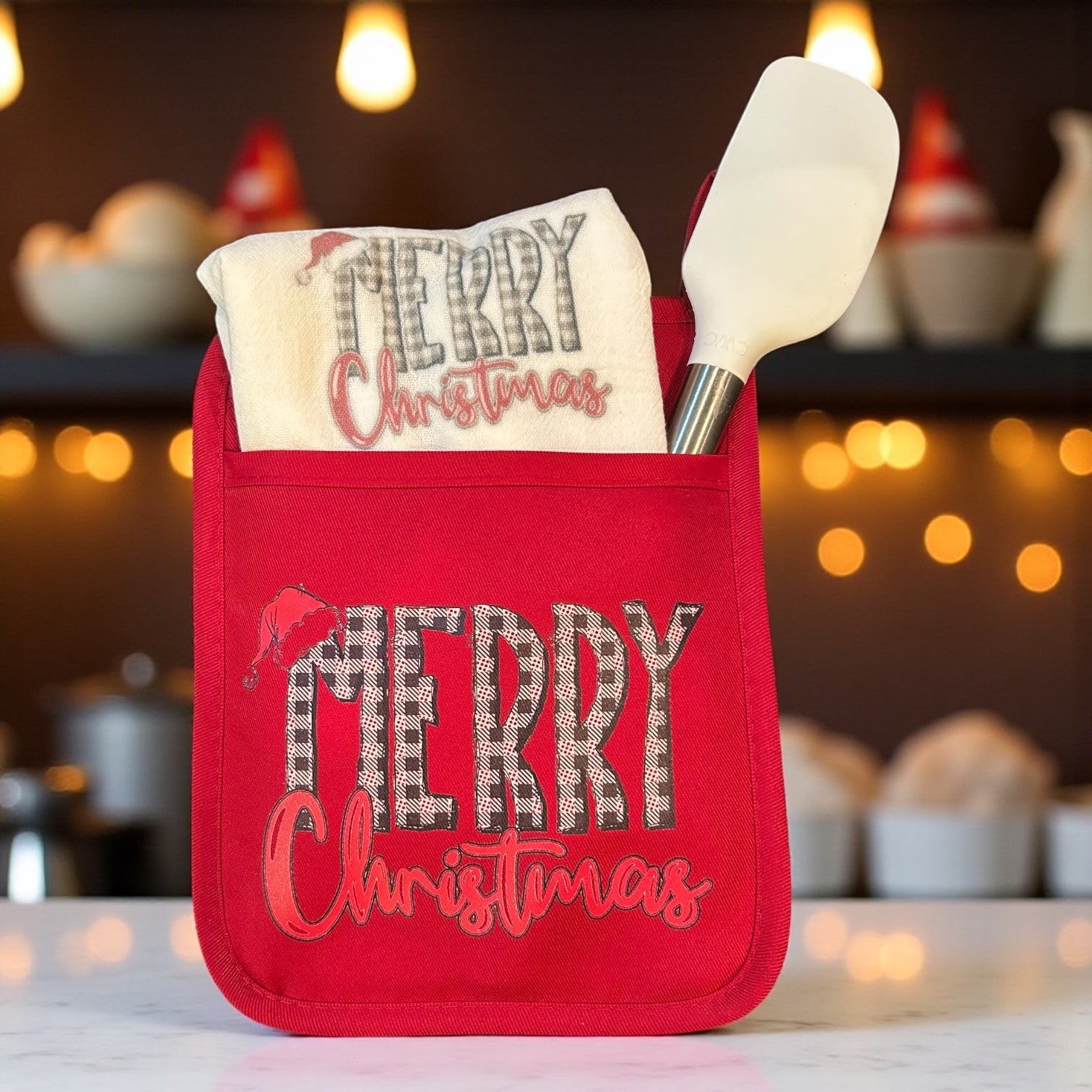 Christmas Oven Mitt Gift Set "Merry Christmas with Santa Hat"