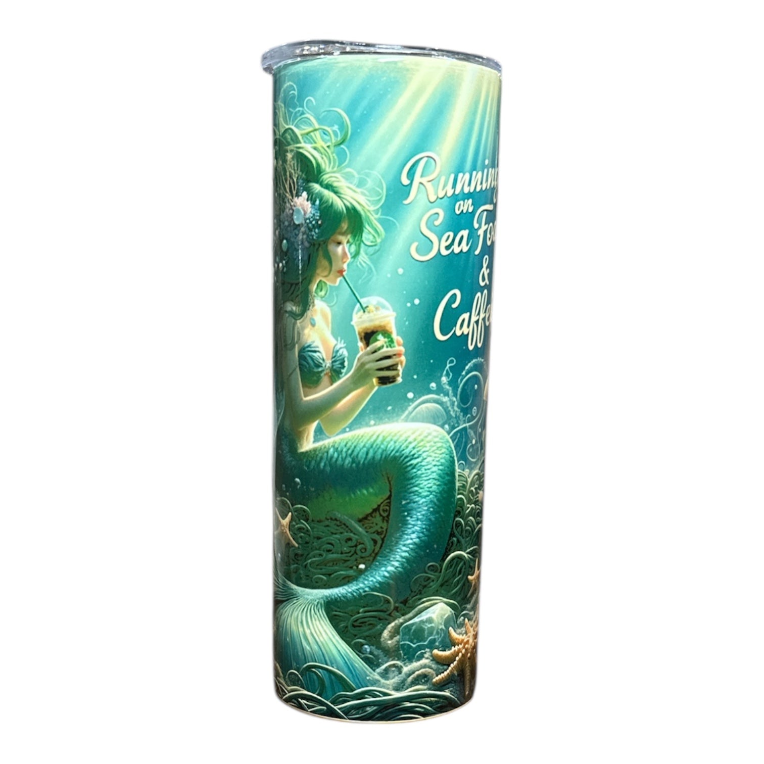 “Mermaid – Running on Sea Foam & Caffeine” Tumbler – 20 oz.