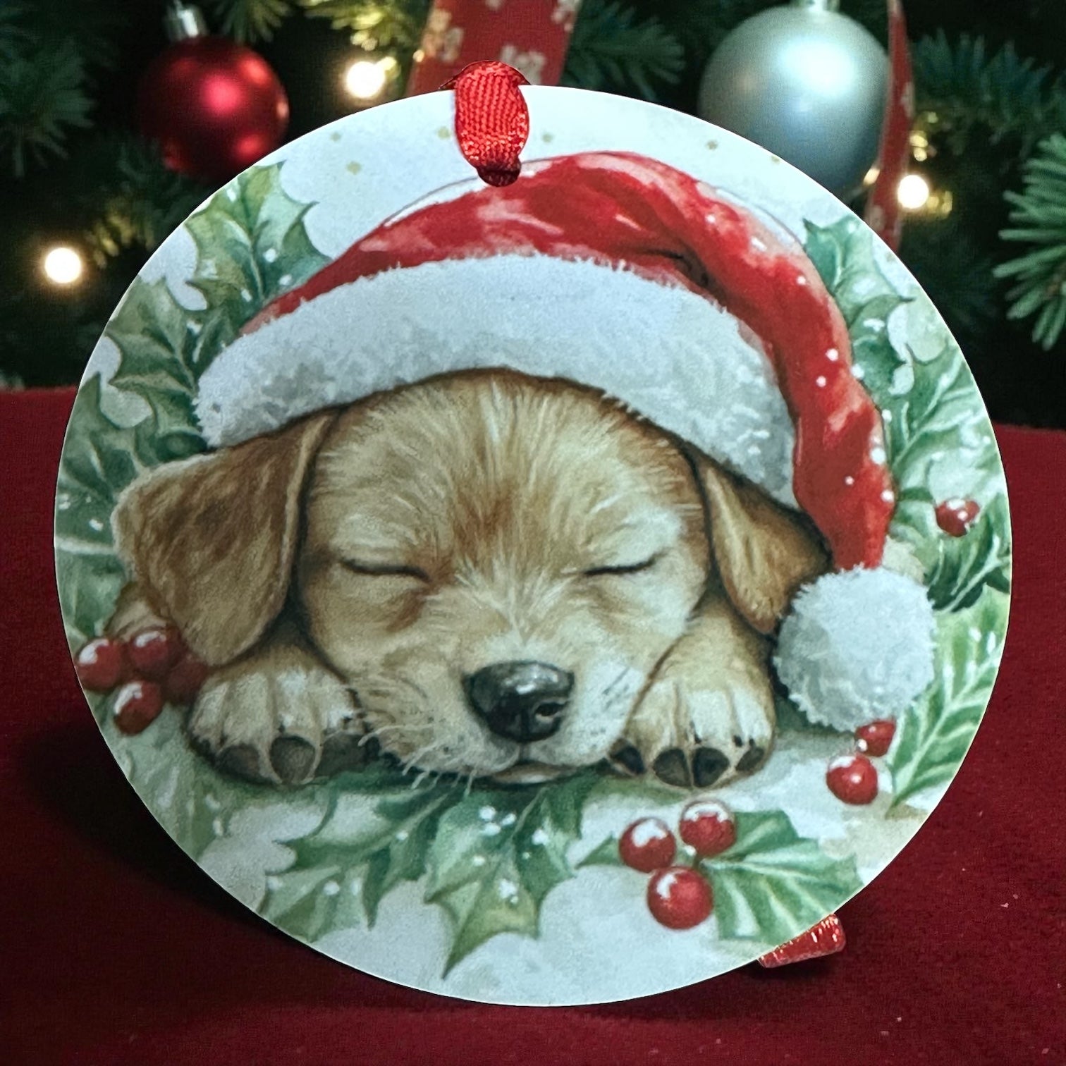“Sleeping Santa Puppy” Christmas Ornament